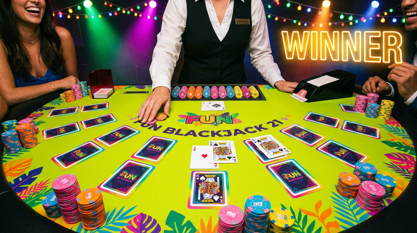 Mesa de blackjack com design colorido e cartas mostrando 21