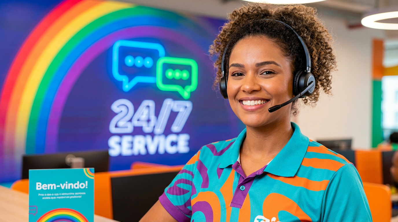 Atendente brasileira sorridente com headset e fundo colorido