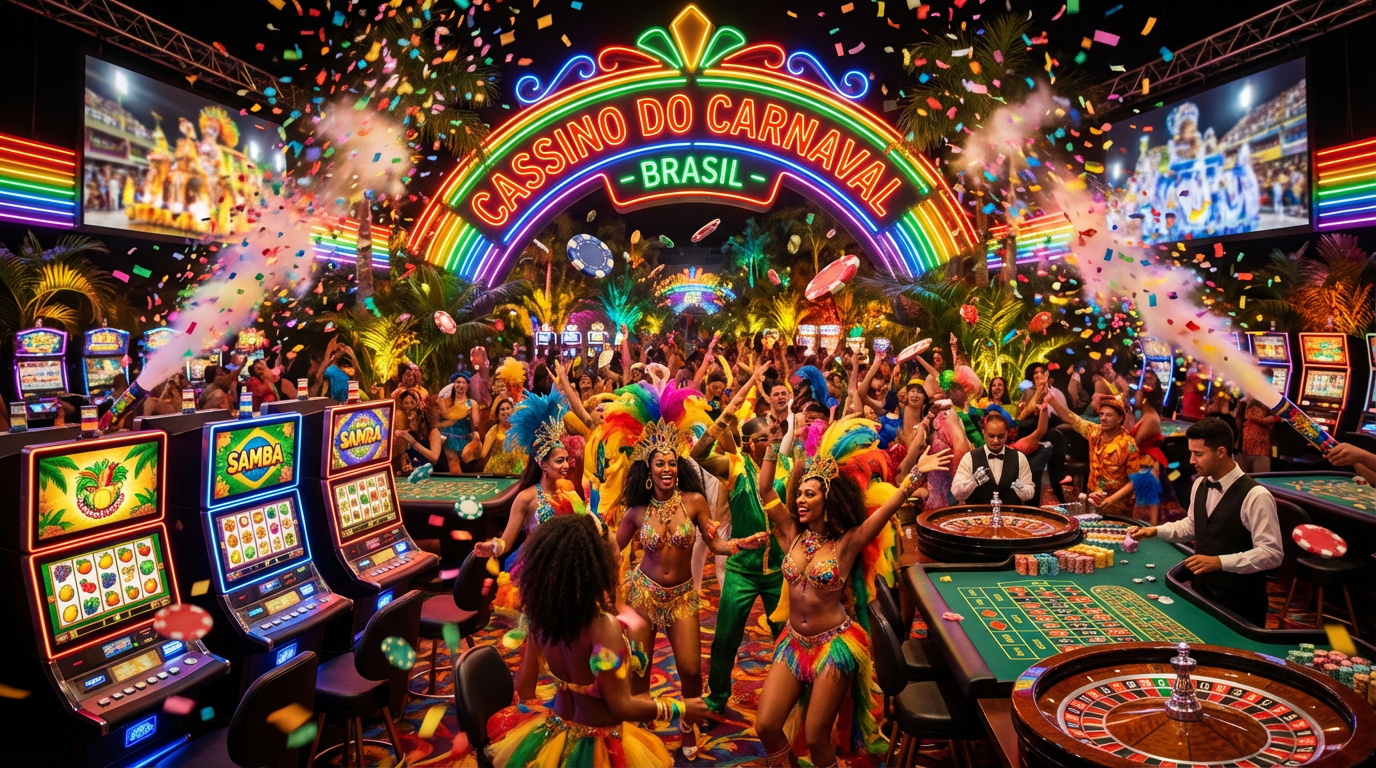 Cassino online 19bet com atmosfera festiva de carnaval brasileiro, luzes coloridas e jogadores celebrando